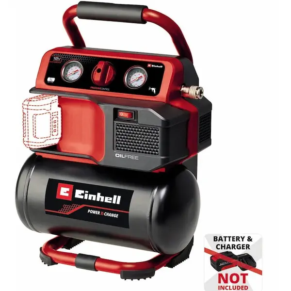 Einhell Compresor pe acumulator Einhell TE-AC 18/75 Li OF-Solo Power X-Change 18 V, max. 8 bar, rezervor 5 L, capacitate de aspiratie 75 L/min, 2 manometre, fara ulei, livrat fara acumulator si incarcator