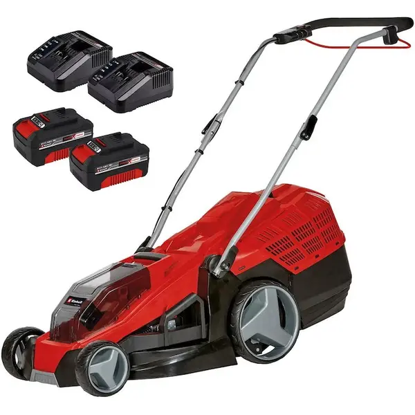 Einhell Masina de tuns iarba/gazon pe acumulator TWIN-PACK Einhell PXC GE-CM 36/43 Li M, 36 V, motor brushless, latime taiere 43 cm, inaltime taiere 25 - 75 mm, 6 trepte taiere, sac colector 63 L, include 2 X acumulator 18V 4.0 Ah + 2 X incarcator rapid
