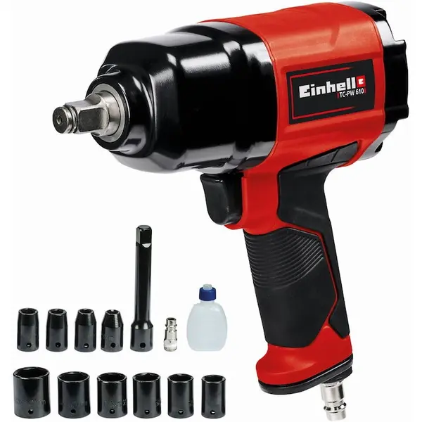 Einhell Pistol insurubat pneumatic cu impact pentru compresor Einhell TC-PW 610, Viteza 7000 rpm, 6.3 bar presiune maxima, 142 l/min consum aer, 610 Nm + 10 tubulare