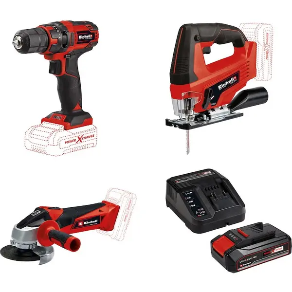 Einhell Set Einhell masina de gaurit si insurubat (bormasina) pe acumulator PXC TC-CD 18/35 + ferastrau pendular pe acumulator PXC TC-JS 18 + polizor unghiular pe acumulator PXC TC-AG 18/115 + Starter Kit PXC acumulator 18 V, 2.5 Ah, incarcator