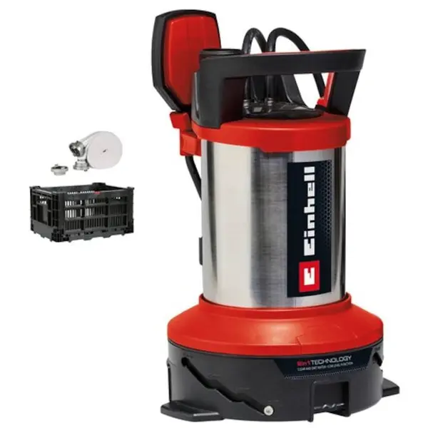Einhell Set pompa submersibila apa curata/murdara Einhell GE-DP 7535 N LL, 750 W, debit maxim 18.500 L/h, presiune 10 bar, refulare 9 m, imersie 7 m + furtun tip pompieri de 10 m, adaptor universal, carcasa din plastic