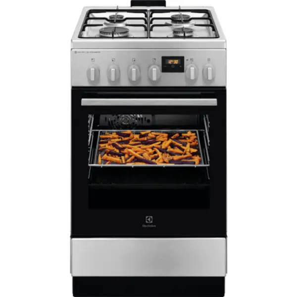 Electrolux Aragaz Electrolux LKK560222X , Mixt, 4 arzatoare gaz, Gratare de fonta, Cuptor electric, SteamBake, AirFry, Timer electronic, Grill electric, Clasa A, 50cm, culoare inox