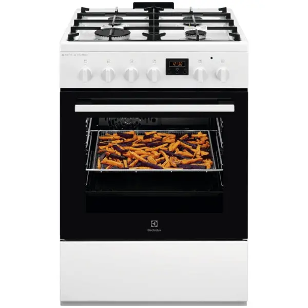 Electrolux Aragaz Electrolux LKK664220W, Mixt, 4 arzatoare, SteamBake-gatire cu abur; AirFry, Autocuratare Catalitica, Timer mecanic, Aprindere integrata plita si cuptor, Grill Electric, Rotisor, Iluminare cuptor, 60 cm, Alb