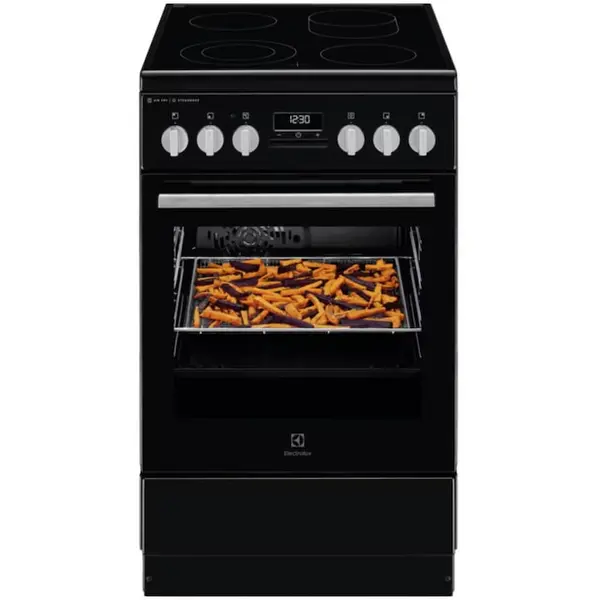 Electrolux Aragaz Electrolux LKR564275K, Electric, Vitroceramica, 4 zone de gatit, SteamBake, Timer cu display electronic, Autocuratare catalitica, Iluminare cuptor, Grill, Clasa A, 50 cm, Negru