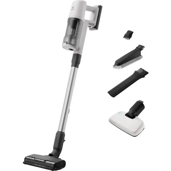 Electrolux Aspirator vertical Electrolux Seria 600 EP61HB21UV, 21,6V, 2500 mAh, recipient praf 0,5l, tub inox, perie PowerPro multisuprafete cu LED, duza BedPro cu lumina UV, duza aspirare praf la inaltime, 79 dB, autonomie max 50 minute, alb scoica
