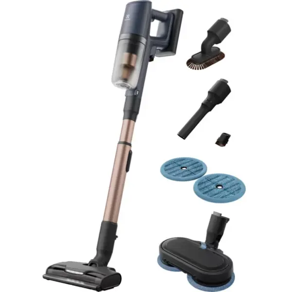 Electrolux Aspirator vertical Electrolux Wet 800 EP82H25WET, autonomie pana la 90 min, 25.2 V, 4000 mAh, putere aspirare 140 AW, ecran LCD, 3 viteze + AUTO, 0.4 l, perie Turbo cu LED, perie mopping cu LED, stand incarcare pe podea, albastru indigo
