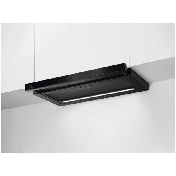 Electrolux Hota incorporabila telescopica Electrolux LFP816K, 60 cm, 1 motor, 3 viteze+intensiv, Panel frontal de sticla, Control electronic, Conectivitate plita, Functie Breeze, Perfect Illumination, 2 filtre de aluminiu lavabile, 650 mc/h, Negru