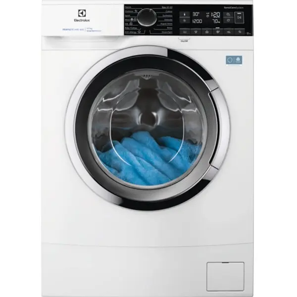 Electrolux Masina de spalat rufe slim ELECTROLUX EWS6227CE PerfectCare600, 7 kg, 1200 rpm, Clasa A, motor Inverter, display LED, Sensicare, Rapid 14 min, Antialergic, Baby, Outdoor, TimeManager, SoftPlus, Adancime totala 48.2 cm, Alb cu hublou cromat.