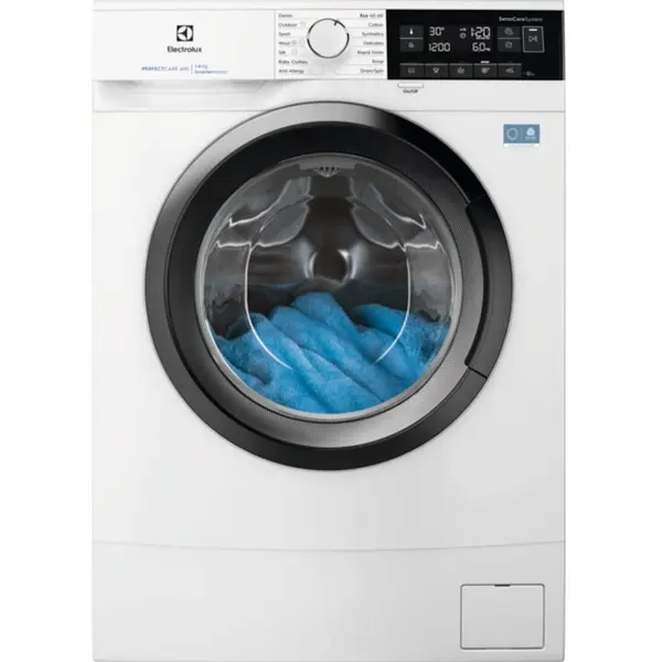 Electrolux Masina de spalat rufe slim ELECTROLUX EWS6326DE PerfectCare600, 6 kg, 1200 rpm, Clasa A, motor Inverter, display LED, Sensicare, Rapid 14 min, Antialergic, Baby, Outdoor, TimeManager, SoftPlus, Adancime totala 41.1 cm, alb