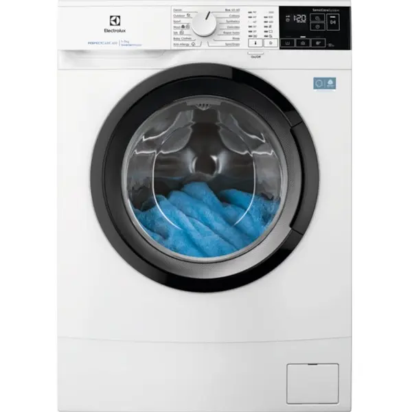 Electrolux Masina de spalat rufe slim ELECTROLUX EWS6427BE PerfectCare600, 7 kg, 1200 rpm, Clasa A, motor Inverter,display LED, SensiCare, Rapid 14 min, Antialergic cu abur, Baby, Outdoor, TimeManager, SoftPlus, Adancime totala 41.1 cm, alb