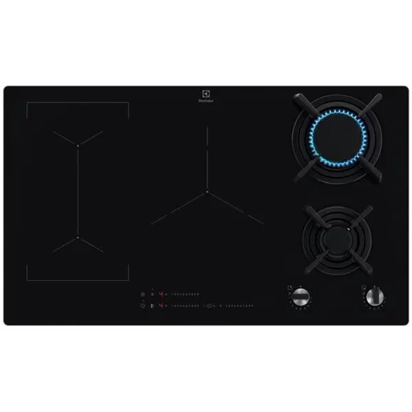Electrolux Plita incorporabila Electrolux KDI941723K, Mixta, 2 arzatoare gaz / 3 zone inductie, Aprindere electrica, Gratare Fonta, Timer Electronic, 90 cm, Negru