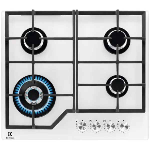 Electrolux Plita incorporabila Electrolux KGG64362W, Gaz, 4 arzatoare, Arzator Wok. Aprindere electrica integrata, Dispozitiv siguranta, Gratare fonta, 60 cm, Alb