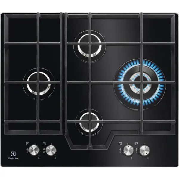 Electrolux Plita incorporabila Electrolux KGG6456K, Gaz, 4 arzatoare, Aprindere electrica, Arzator Wok, Dispozitiv de siguranta, Gratare fonta, 60 cm, Sticla neagra