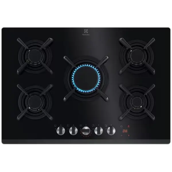 Electrolux Plita incorporabila Electrolux KGG753753K, Gaz, 5 arzatoare, Aprindere electrica, Gratare fonta, Timer electronic, Conectivitate hota, 75 cm, Negru