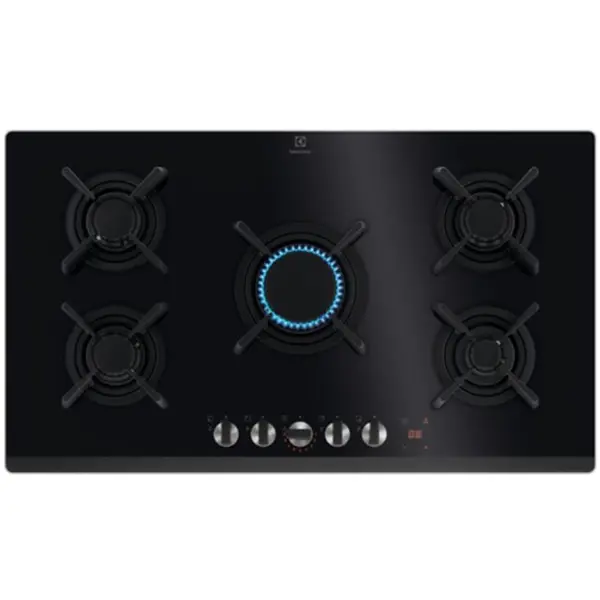 Electrolux Plita incorporabila Electrolux KGG953753K, Gaz, 5 arzatoare, Aprindere electrica, Gratare fonta, Timer electronic, Conectivitate hota, 90 cm, Negru