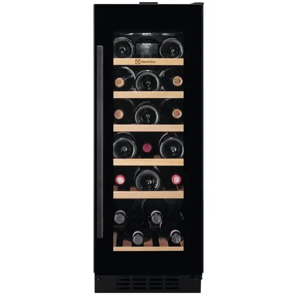 Electrolux Racitor de vinuri incorporabil Electrolux EWS4020B5B, capacitate 20 sticle, raft lemn, control electronic, usa reversibila, clasa energetica G, Inaltime 82 cm, Sticla neagra