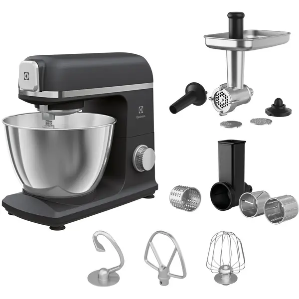 Electrolux Robot de bucatarie ELECTROLUX E5KM1-6GBP, 1200 W, 6 trepte de viteza, functie Pulse, corp metalic, bol inox 5 l, masina de tocat carne, accesoriu razuire/ feliere, gri-inchis satinat
