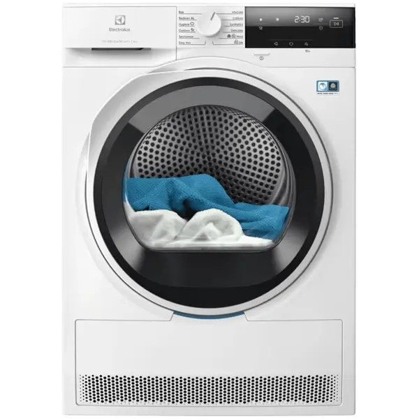Electrolux Uscator de rufe Electrolux EW7D384AE, Pompa de caldura, 8 kg, Clasa C, Motor Inverter, DelicateCare, Sensicare, Display LED, Iluminare interioara tambur, Alb