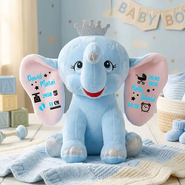 Elefant plus Personalizat PLUS7 Albastru, 35CM
