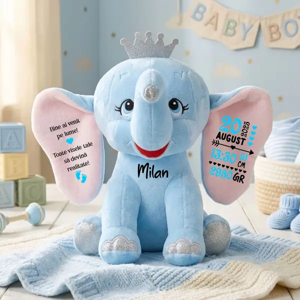 Elefant plus Personalizat PLUS8 Albastru, 35CM