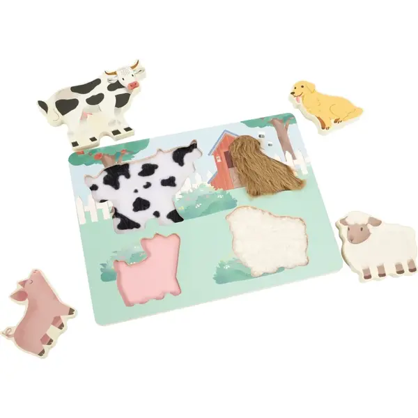 eliNeli Touching Puzzle Farm jucărie interactivă cu piese care se pot insera din lemn 12m+ 5 buc