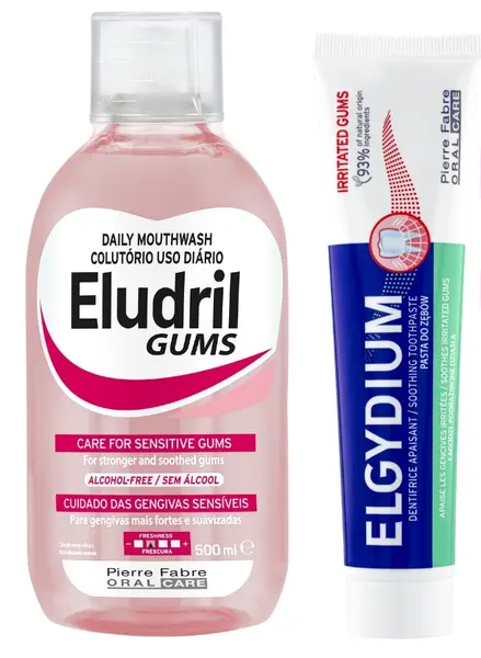 Eludril & Elgydium Set - Apă de gură zilnică și pastă pentru gingii iritate, 500 + 75 ml