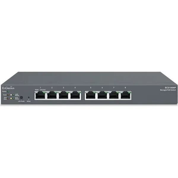 ENGENIUS Switch EnGenius ECS1008P, 8 porturi Gigabit Ethernet PoE, 55 W, Management L2+, Viteza de transfer 10/100/1000 Mbps