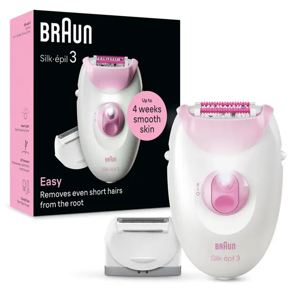 Epilator Braun Silk-épil 3 3-031, MicroGrip, Smart Light, 20 de pensete, Cap de ras + Pieptene, 2 viteze, Roz