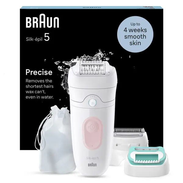 Epilator Braun Silk-epil 5 5-050 Wet Dry, MicroGrip, Smart Light, 28 de pensete, 2 viteze, Cap de ras + Pieptene, Cap pentru incepatori, Saculet de