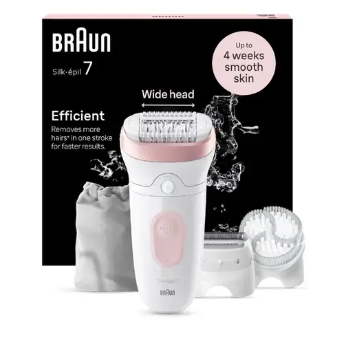 Epilator Braun Silk-épil 7 7-060 SkinSpa, Wet & Dry, MicroGrip, Smart Light, 40 de pensete, 2 viteze, Cap de ras + Pieptene, 1 Cap pentru exfoliere, 1 Capac, Saculet de voiaj (Alb/Roz)