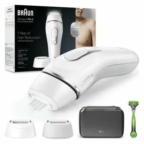 Epilator IPL Braun Silk-expert PRO 5 PL5145 Senzor automat & continuu Skin pro 2.0, 400.000 impulsuri, 10 niveluri de intensitate, 125 de impulsuri pe minut, cap lat, Trusa de voiaj, Aparat de ras Gillette (Alb)