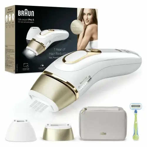 Epilator IPL BRAUN Silk-expert Pro 5 PL5152, 400000 impulsuri, 10 viteze, 3 accesorii, SkinPro 2.0, reatea (Alb/Auriu)