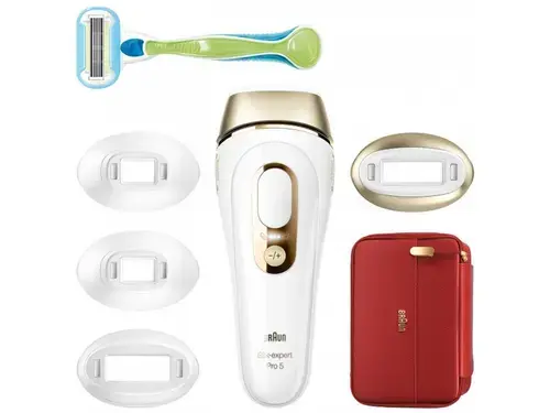 Epilator IPL Braun Silk-expert PRO 5 PL5382 Senzor automat & continuu Skin pro 2.0, 400.000 impulsuri, 10 niveluri de intensitate, 125 de impulsuri pe minut, 2 Capete de precizie, 1 Cap lat, Trusa de voiaj, Aparat de ras Venus (Alb/Auriu)
