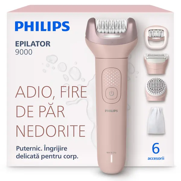 Epilator PHILIPS BRE718 00 Seria 9000 cu ProGuide 360 pentru epilare precisa, pensete ceramice, perie exfoliere corp, cap ras, pieptene tuns+ alte