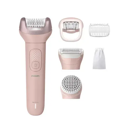 Epilator PHILIPS BRE718/00 Seria 9000 cu ProGuide 360° pentru epilare precisa, pensete ceramice, perie exfoliere corp, cap ras, pieptene tuns+ alte accesorii, lumina LED, Autonomie 60 min (Roz)