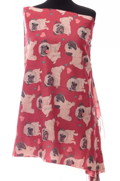 Esarfa casmir cu imprimeu catei pug pe fond rosu