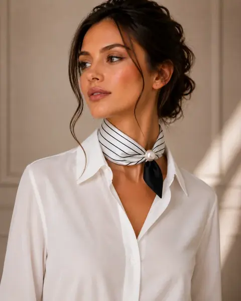 Esarfa colier satinata cu perla decorativa si inchidere magnetica, imprimeu geometric negru pe fond alb