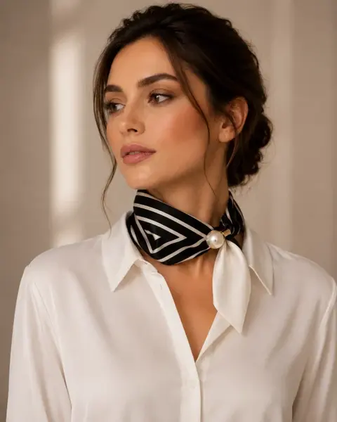Esarfa colier satinata cu perla decorativa si inchidere magnetica, imprimeu geometric alb pe fond negru
