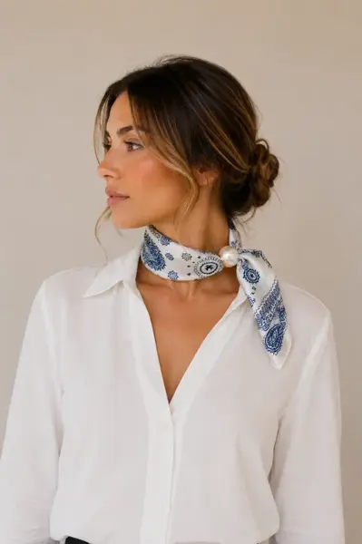 Esarfa colier satinata cu perla decorativa si inchidere magnetica, imprimeu floral albastru pe fond alb