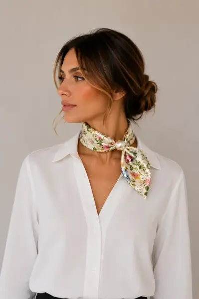Esarfa colier satinata cu perla decorativa si inchidere magnetica, imprimeu floral multicolor