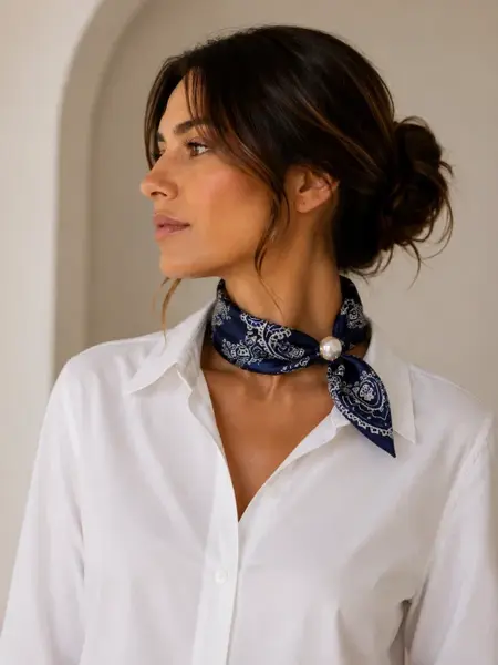 Esarfa colier satinata cu perla decorativa si inchidere magnetica, imprimeu floral alb pe fond albastru