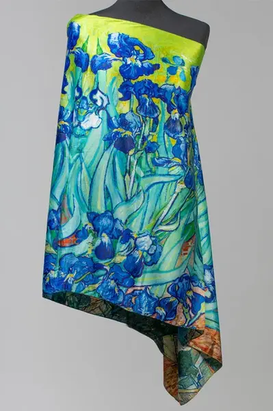 Esarfa cu doua fete, din matase, imprimata cu model inspirat dupa Irisi - de Van Gogh