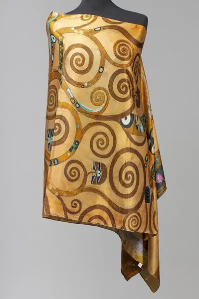 Esarfa cu doua fete, din matase, imprimata cu model inspirat dupa Pomul Vietii - Gustav Klimt