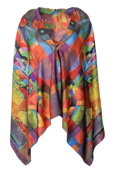Esarfa dreptunghiulara premium cu doua fete, din matase, cu imprimeu multicolor cubist