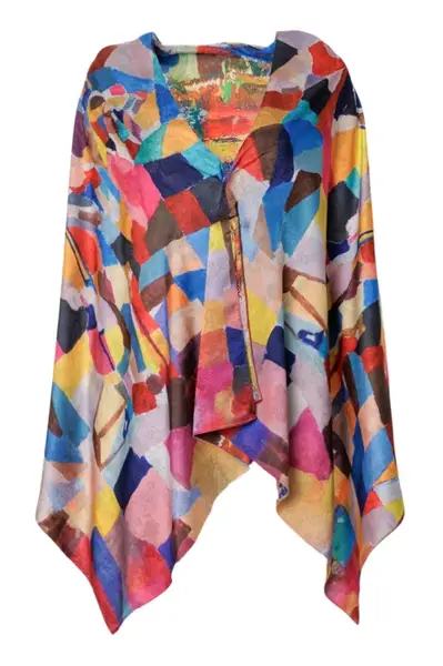Esarfa dreptunghiulara premium cu doua fete, din matase, cu imprimeu multicolor abstract