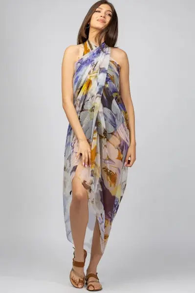 Esarfa dreptunghiulara tip pareo, Silk Feeling, cu nuante de galben si violet