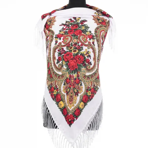 Esarfa gipsy patrata mare, tip Pavlovo Posad cu imprimeu floral traditional pe fond alb