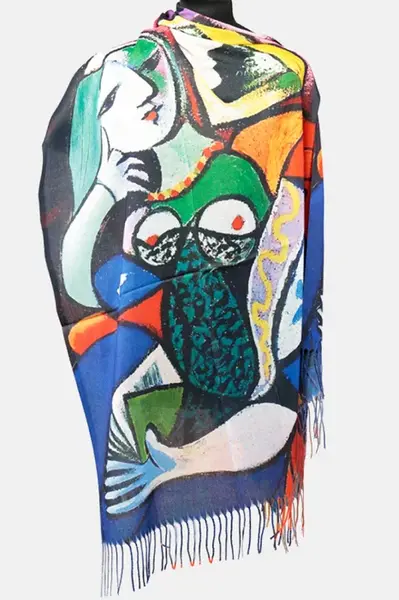 Esarfa matase cu doua fete imprimata cu model inspirat dupa Femeie cu carte lui Picasso