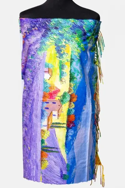 Esarfa matase doua fete imprimata cu model inspirat a unui tablou cu campuri de lavanda