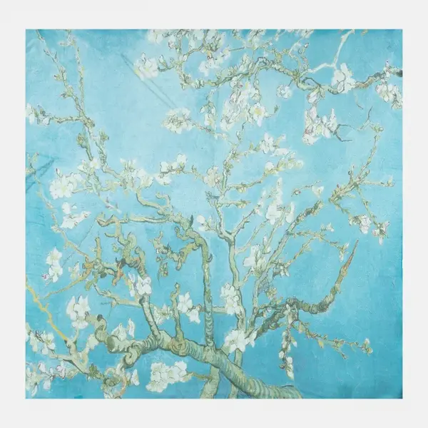 Esarfa patrata cu model inspirat dupa Migdal Inflorind de Van Gogh, albastru deschis
